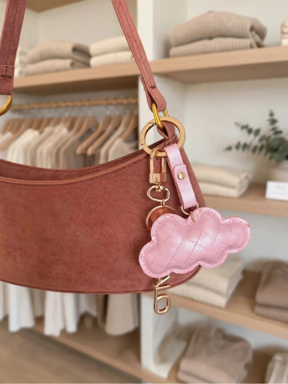 Suede Shoulder Bag in Dusty Rose with Charm